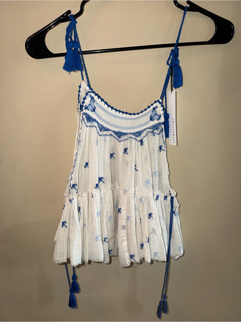NWT Free People White Camisole with Blue Embroidery & Tassel Ties
